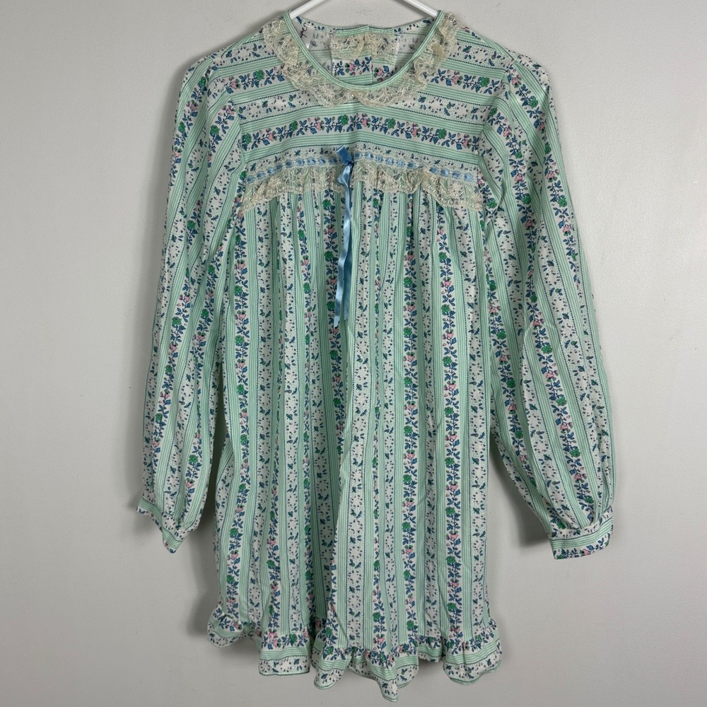 Vintage Dominique Womens Nightgown Medium Floral Stripe Lace Trim Ruffle Green